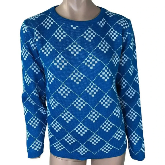 Prime Connection Vintage 80s Geometric Crewneck Knit Sweater Size M Blue White - Picture 1 of 16